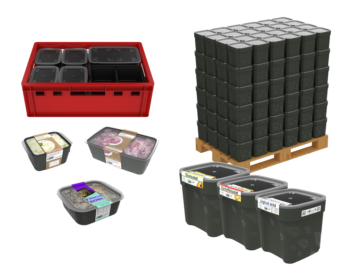 PFABO Mehrwegbehältnisse Lebensmittel Mehrweg Eimer, 5,4 Liter, 3 Liter, 1 Liter, Mehrwegeimer, Großgebinde Mehrweg, eckig, Kunstsoffmehrwegeimer, großes Volumen, Großverbraucherverpackung, Palletierbar, Inmouldlabel, Codierung, 2D-Code, Serialisiert, Rückverfolgbar, Einwegalternative, nachhaltige Verpackung, Transportverpackung, Primärverpackung, lebensmittelecht, PP, Monomaterial, Spülmaschinengeeignet, Griff statt Henkel, Industriespülmaschine, gute Reinigung, PPWR, PPWR-konform, Mehrwegkreislauf, Logistik, B2B, B2B-Mehrweg, B2B Lebensmittel, E2 Kiste, Pallettenkonform, Lebensmittelindustrie